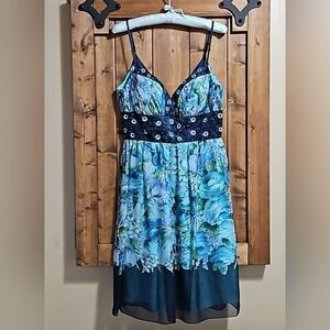 OC by Oleg Cassini Blue Green Silk Watercolor Beaded Cocktail Dress Size 4